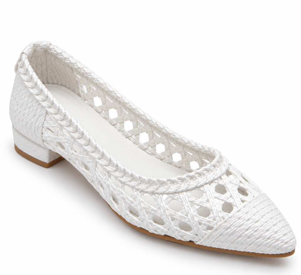 Women's Ivory Woven Ballet Flats | Pointed Toe & Low Block Heel