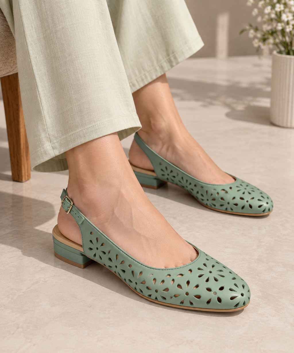 Sage Green Slingback Flats with Floral Cutouts