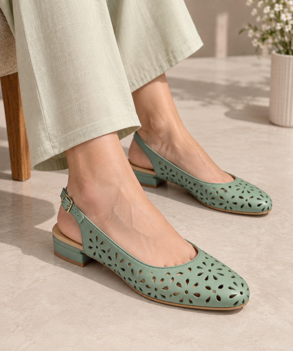 Sage Green Slingback Flats with Floral Cutouts
