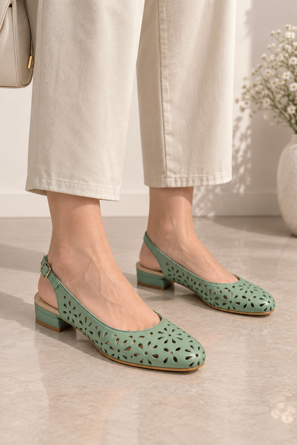 Sage Green Slingback Flats with Floral Cutouts