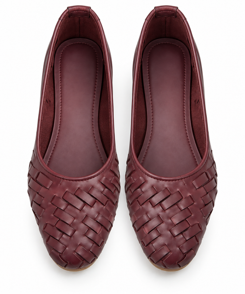 Burgundy Woven Leather Ballet Pumps – Low Block Heel