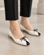 Women's White & Black Lace-Up Ballet Flats | Low Block Heel