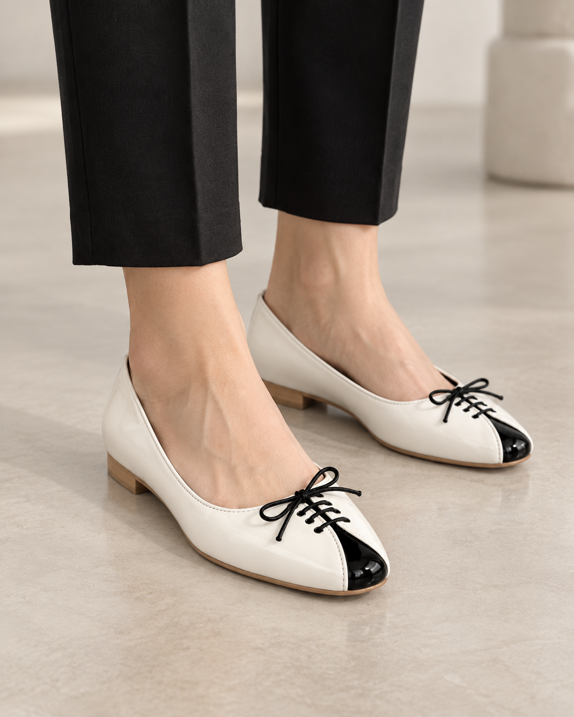 Women's White & Black Lace-Up Ballet Flats | Low Block Heel