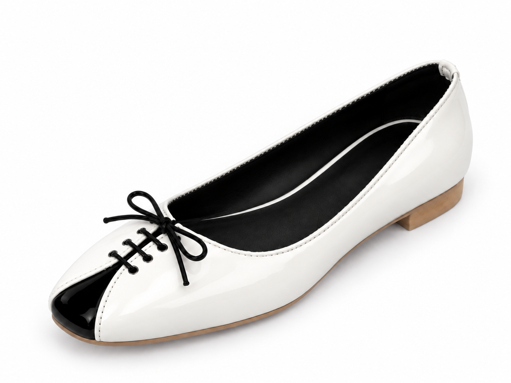 Women's White & Black Lace-Up Ballet Flats | Low Block Heel