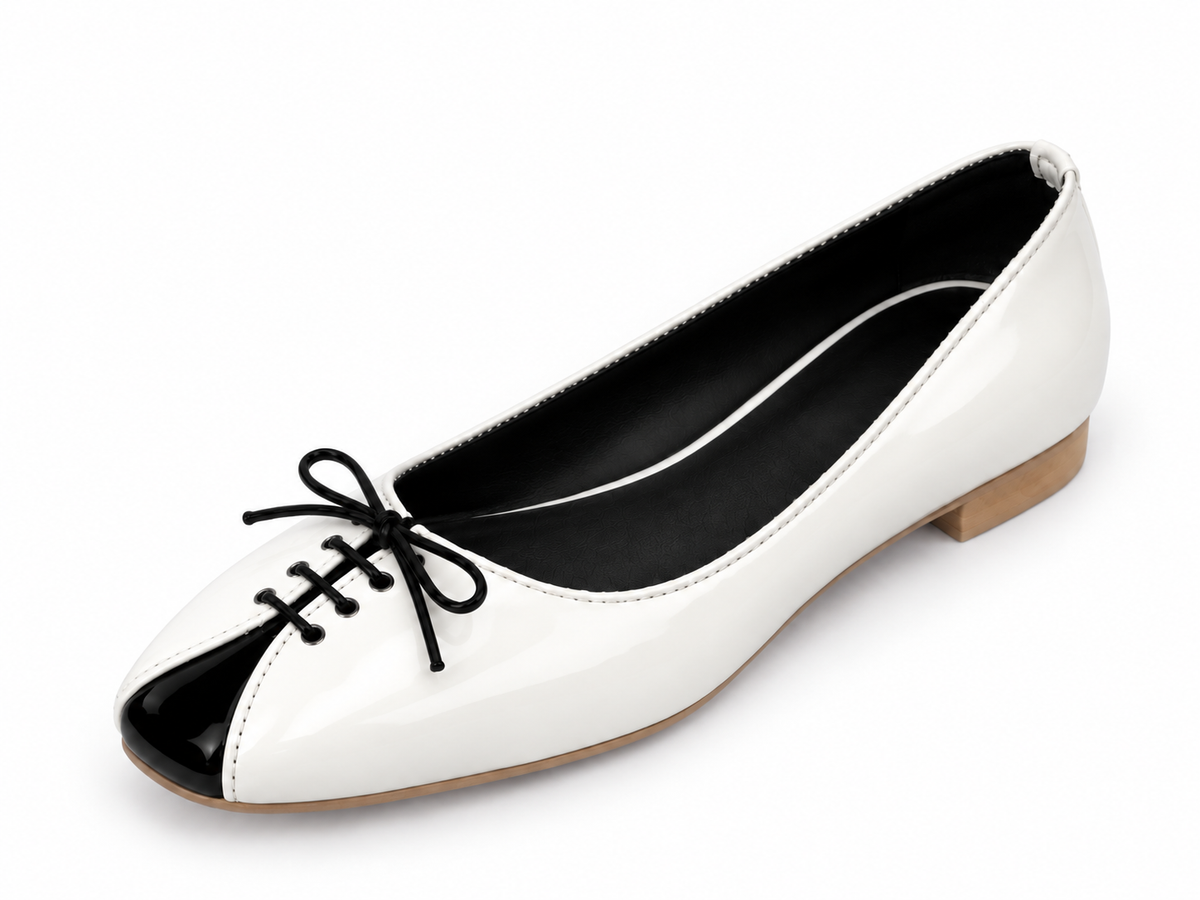 Women's White & Black Lace-Up Ballet Flats | Low Block Heel