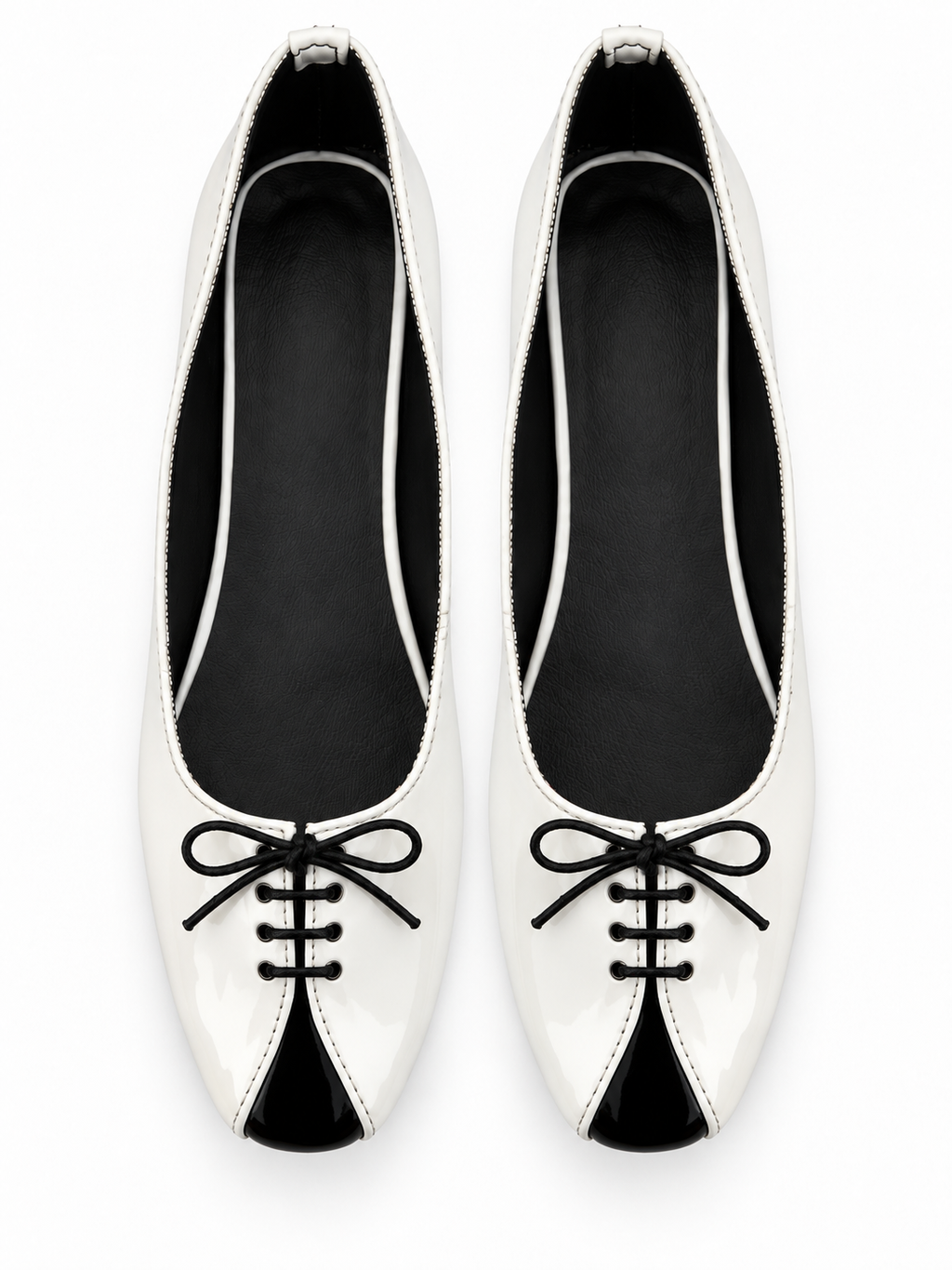 Women's White & Black Lace-Up Ballet Flats | Low Block Heel