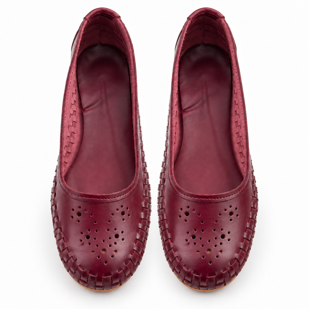 Women's Burgundy Perforated Leather Ballet Flats | Round Toe