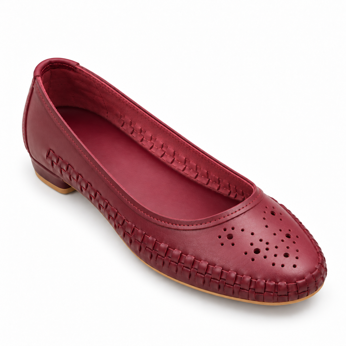 Women's Burgundy Perforated Leather Ballet Flats | Round Toe