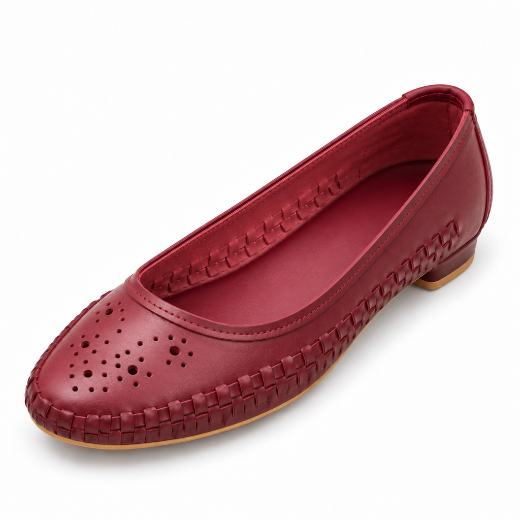 Women's Burgundy Perforated Leather Ballet Flats | Round Toe