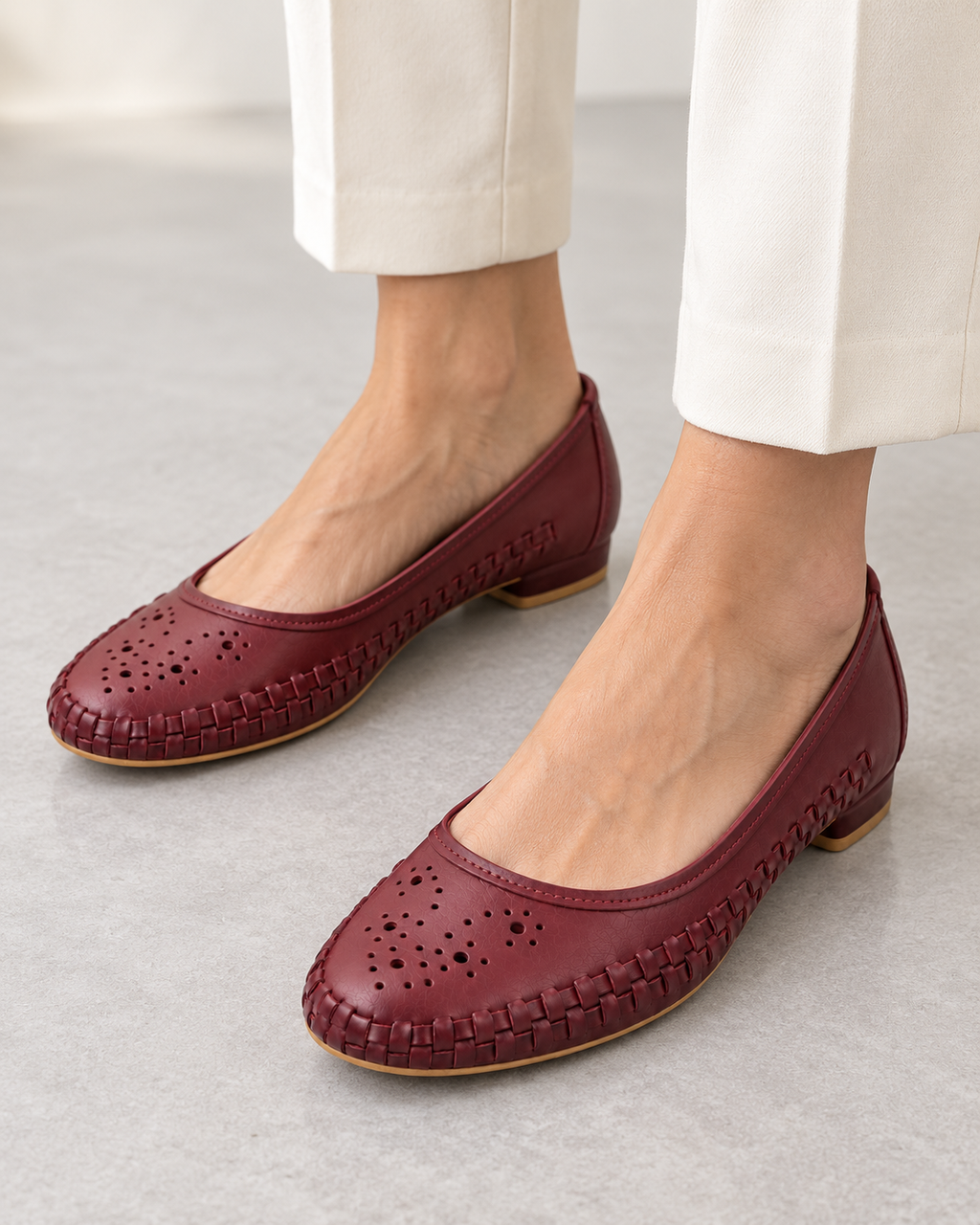 Women's Burgundy Perforated Leather Ballet Flats | Round Toe