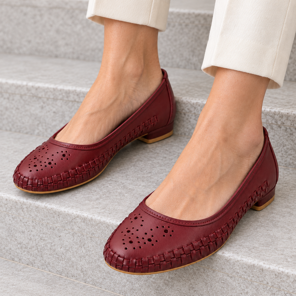 Women's Burgundy Perforated Leather Ballet Flats | Round Toe