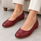 Women's Burgundy Perforated Leather Ballet Flats | Round Toe