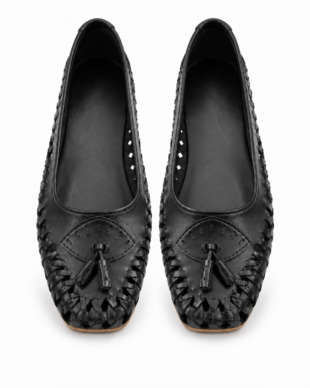 Black Woven Calf Leather Ballet Flats with Tassels