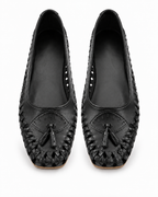 Black Woven Calf Leather Ballet Flats with Tassels