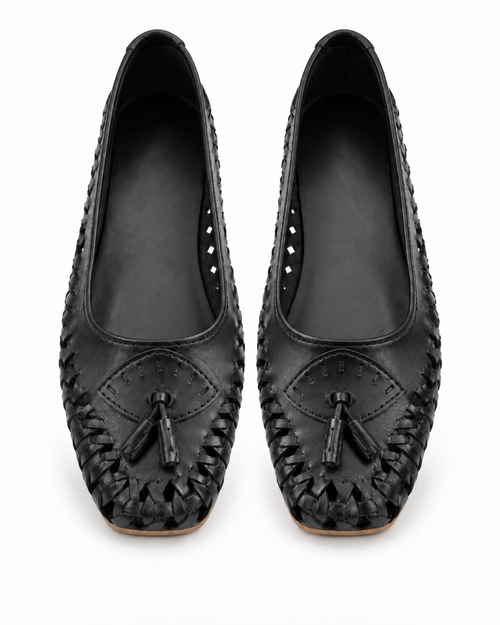 Black Woven Calf Leather Ballet Flats with Tassels