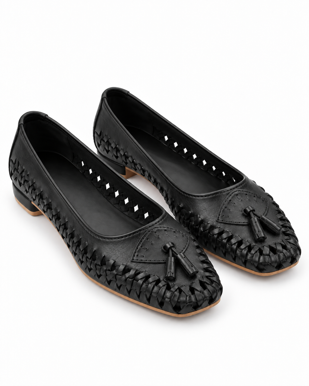 Black Woven Calf Leather Ballet Flats with Tassels