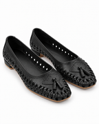 Black Woven Calf Leather Ballet Flats with Tassels