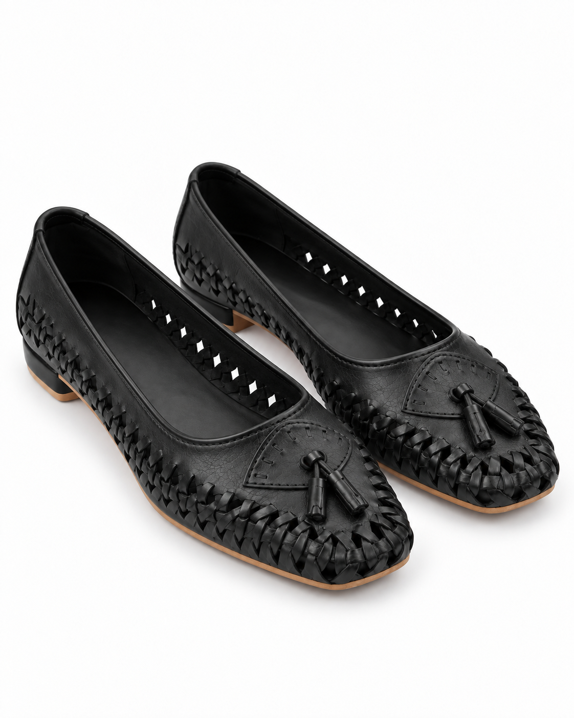 Black Woven Calf Leather Ballet Flats with Tassels