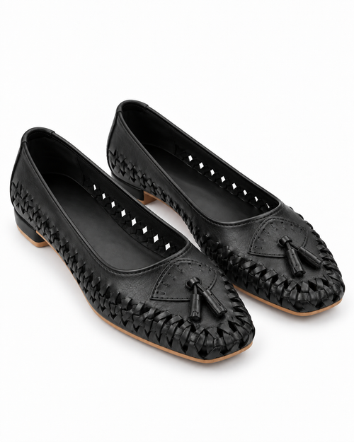 Black Woven Calf Leather Ballet Flats with Tassels