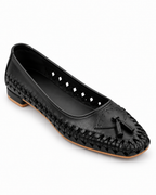 Black Woven Calf Leather Ballet Flats with Tassels