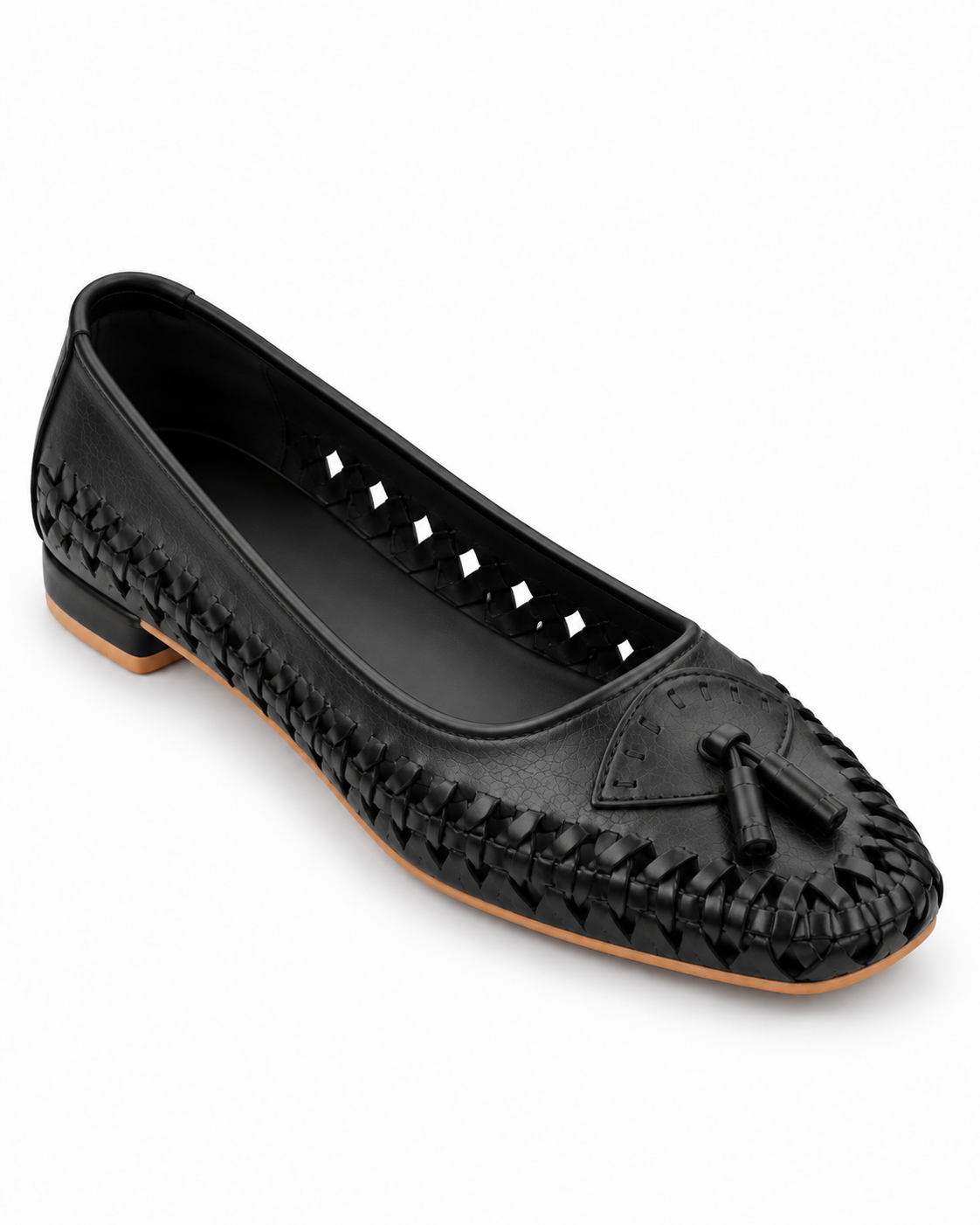 Black Woven Calf Leather Ballet Flats with Tassels