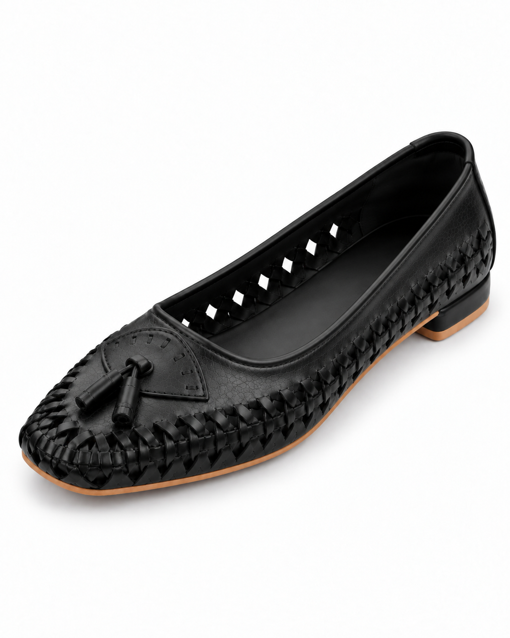 Black Woven Calf Leather Ballet Flats with Tassels