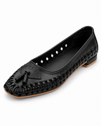 Black Woven Calf Leather Ballet Flats with Tassels