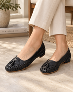 Black Woven Calf Leather Ballet Flats with Tassels