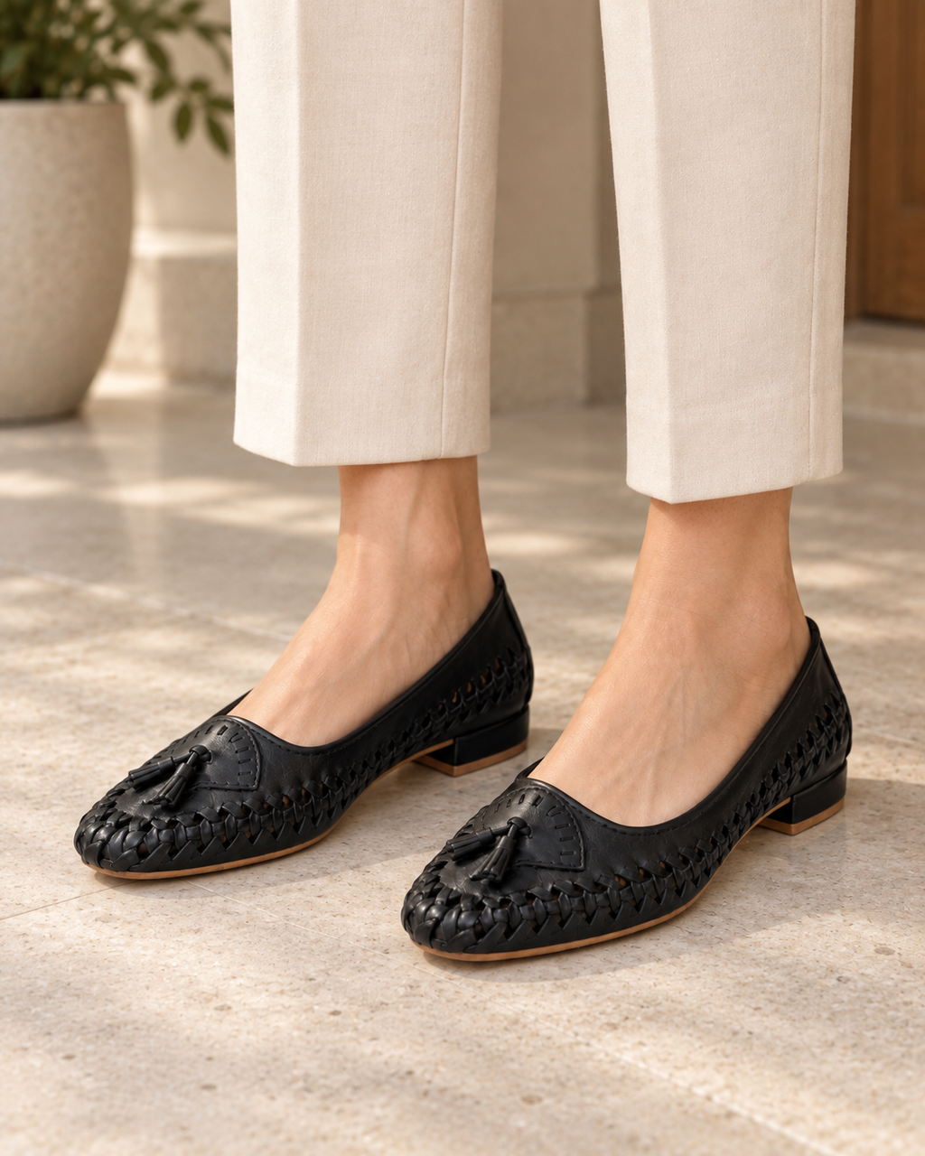 Black Woven Calf Leather Ballet Flats with Tassels