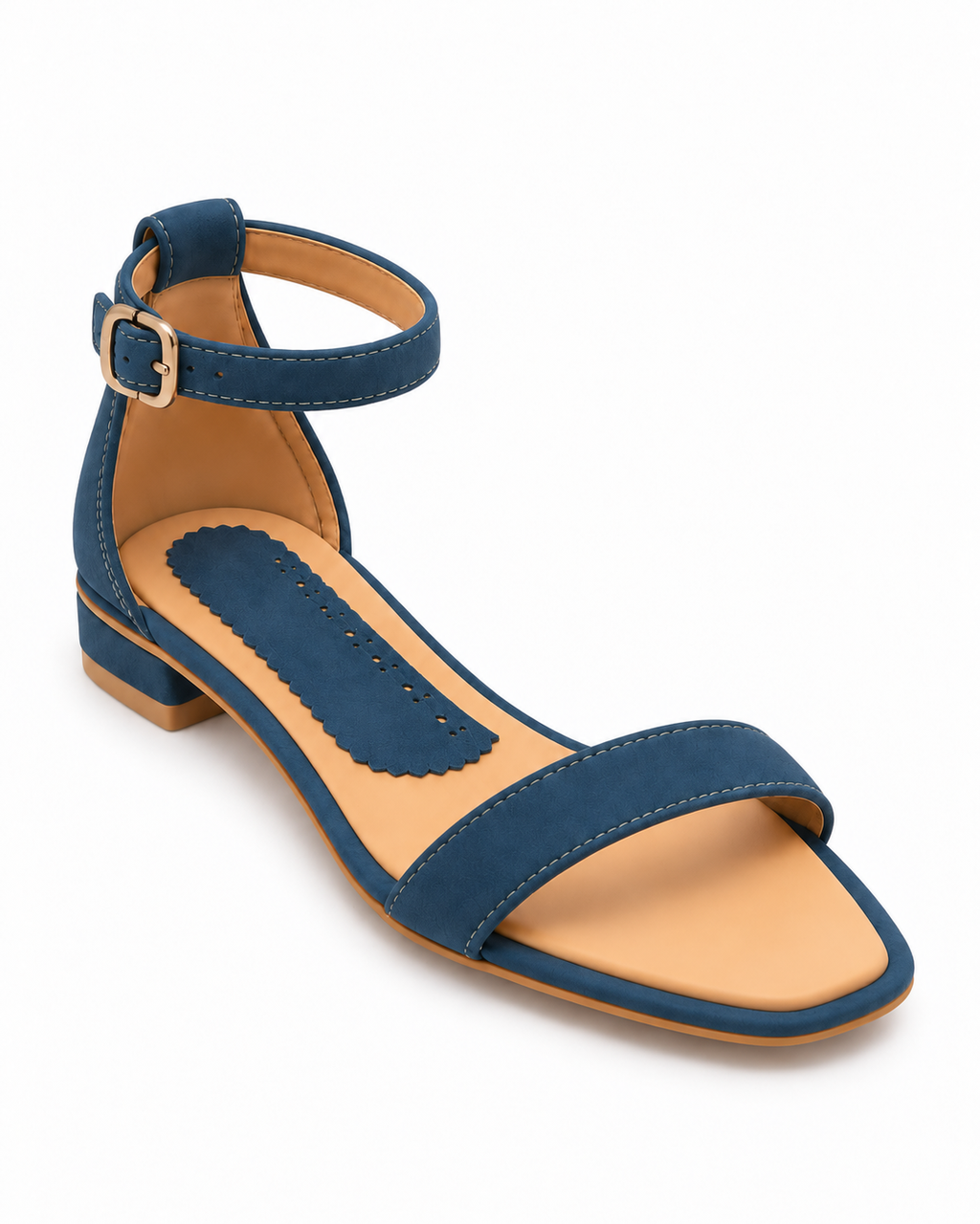 Women's Denim Blue Ankle Strap Sandals – Open-Toe Low Block Heel