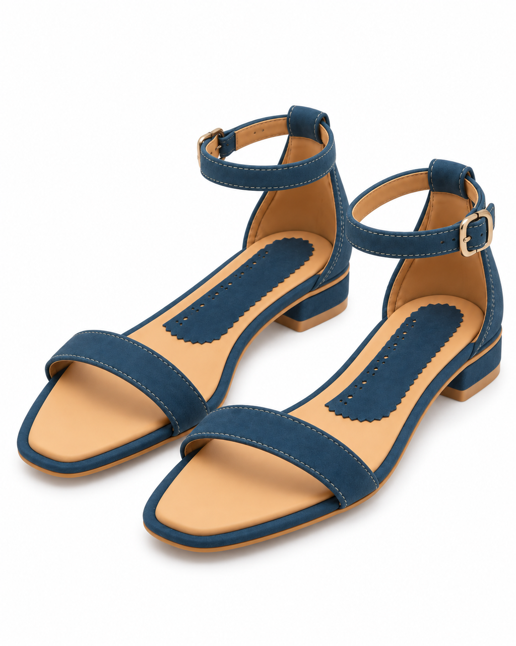 Women's Denim Blue Ankle Strap Sandals – Open-Toe Low Block Heel