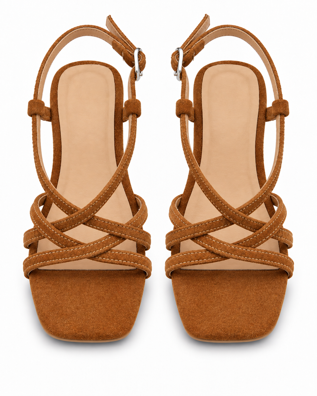 Women's Tan Bown Strappy Block Heel Sandals | Square Toe & Ankle Strap