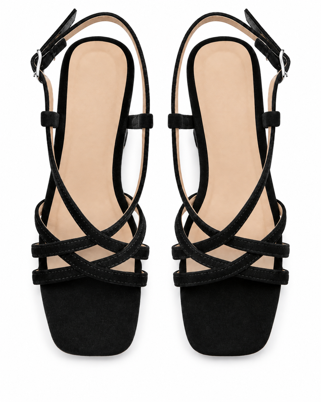 Women's Black Strappy Block Heel Sandals | Square Toe & Ankle Strap