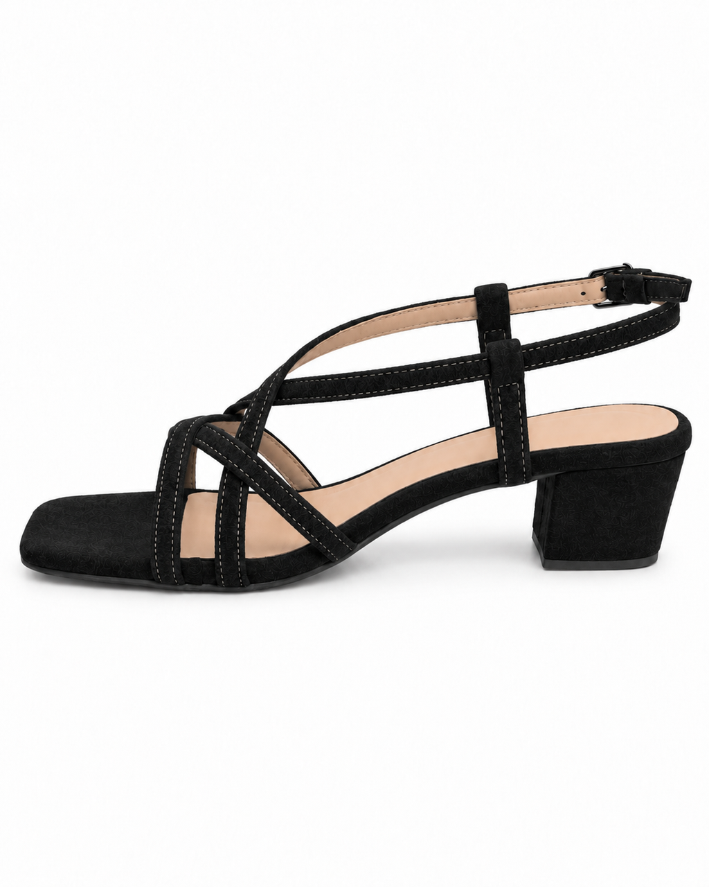 Women's Black Strappy Block Heel Sandals | Square Toe & Ankle Strap