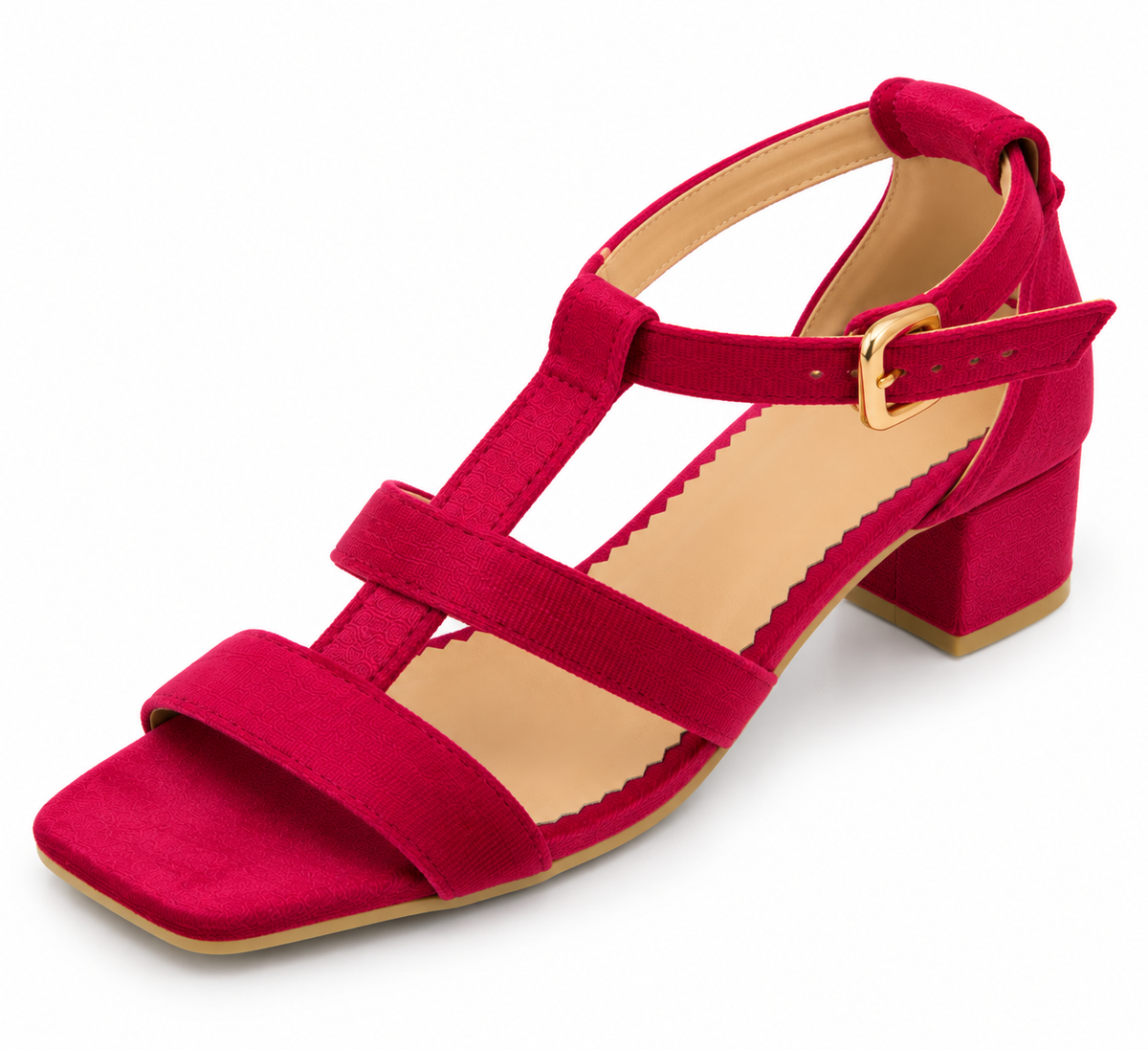 Women's Fuchsia Pink Low Block Heel Sandals | T-Strap