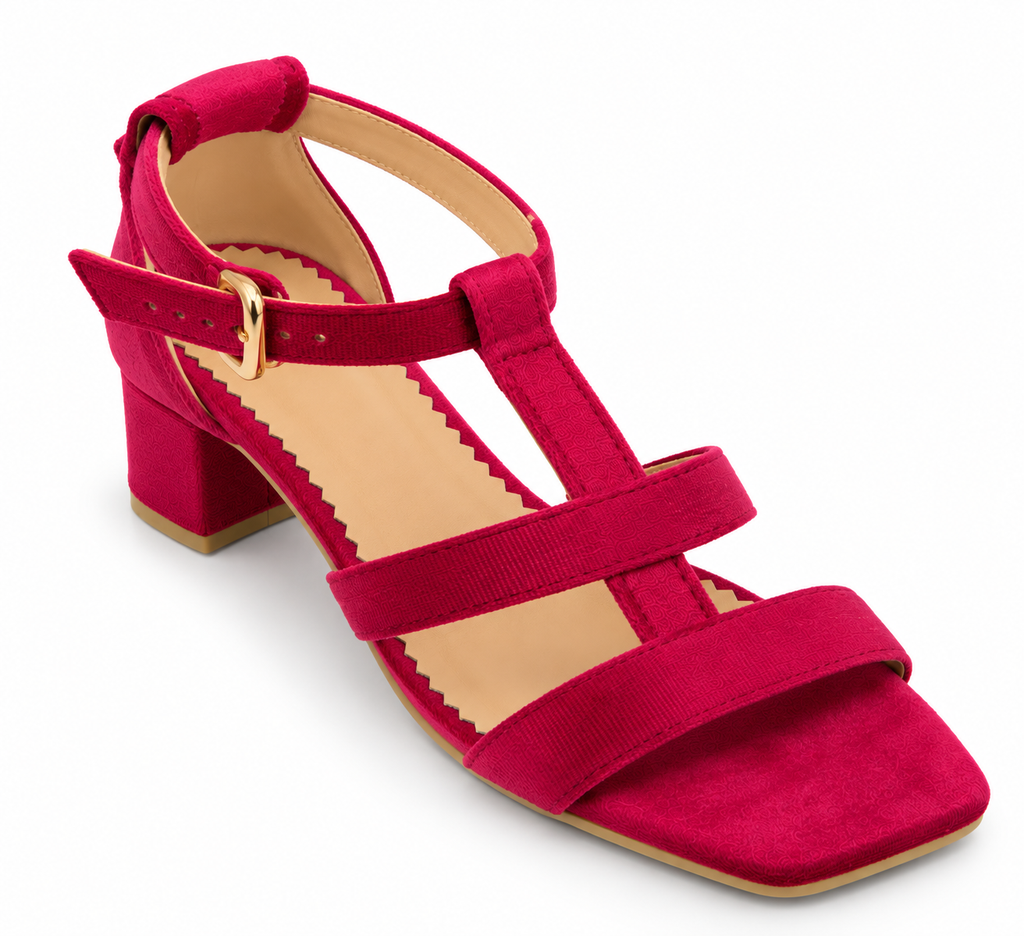 Women's Fuchsia Pink Low Block Heel Sandals | T-Strap