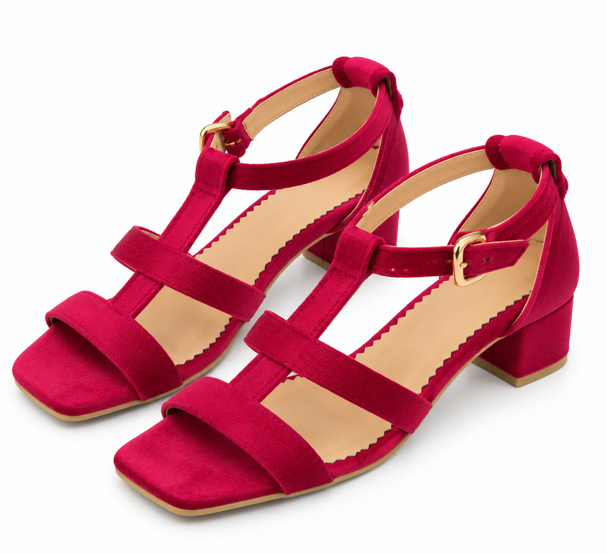 Women's Fuchsia Pink Low Block Heel Sandals | T-Strap
