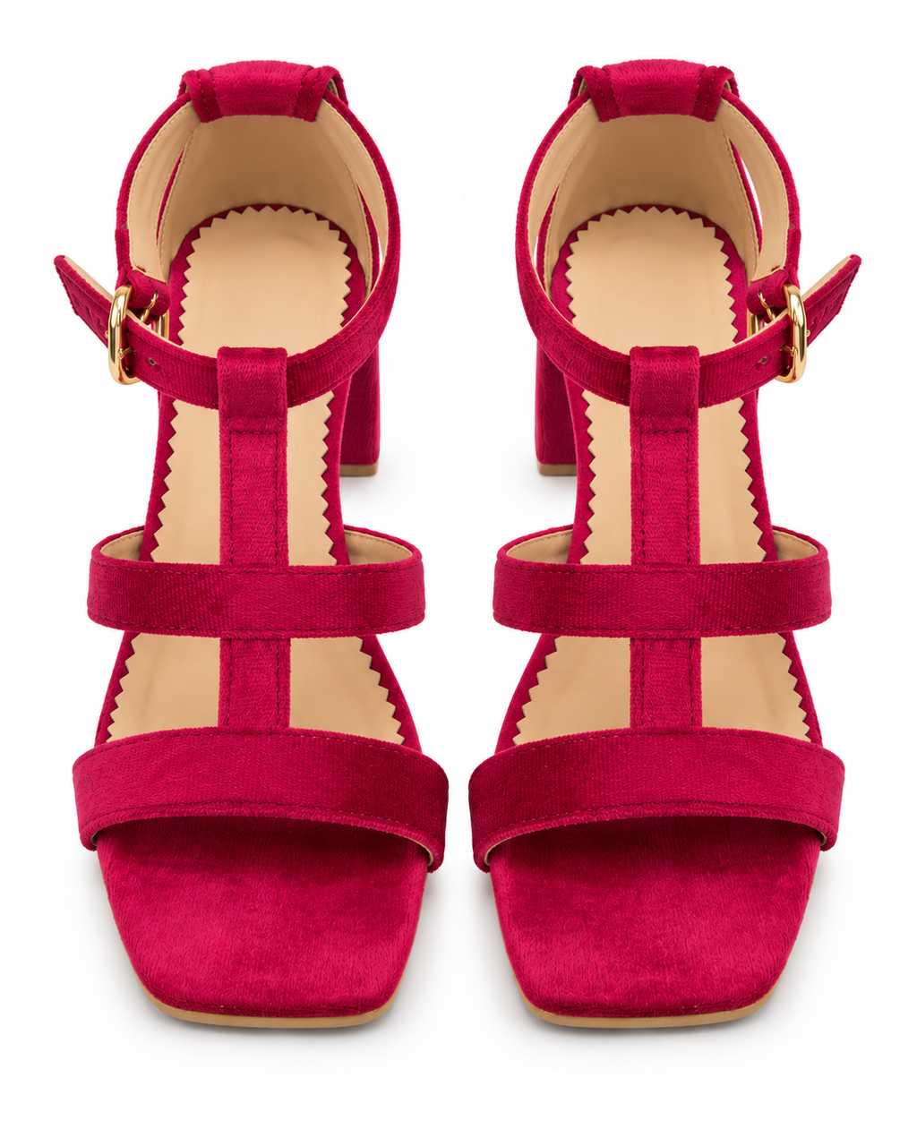 Women's Fuchsia Pink Low Block Heel Sandals | T-Strap