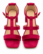 Women's Fuchsia Pink Low Block Heel Sandals | T-Strap