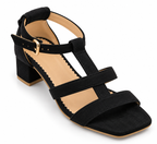 Women's Black Low Block Heel Sandals | T-Strap
