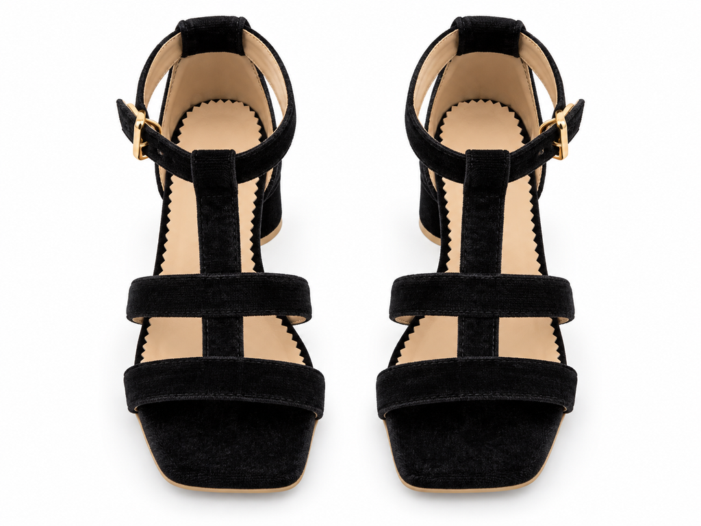 Women's Black Low Block Heel Sandals | T-Strap