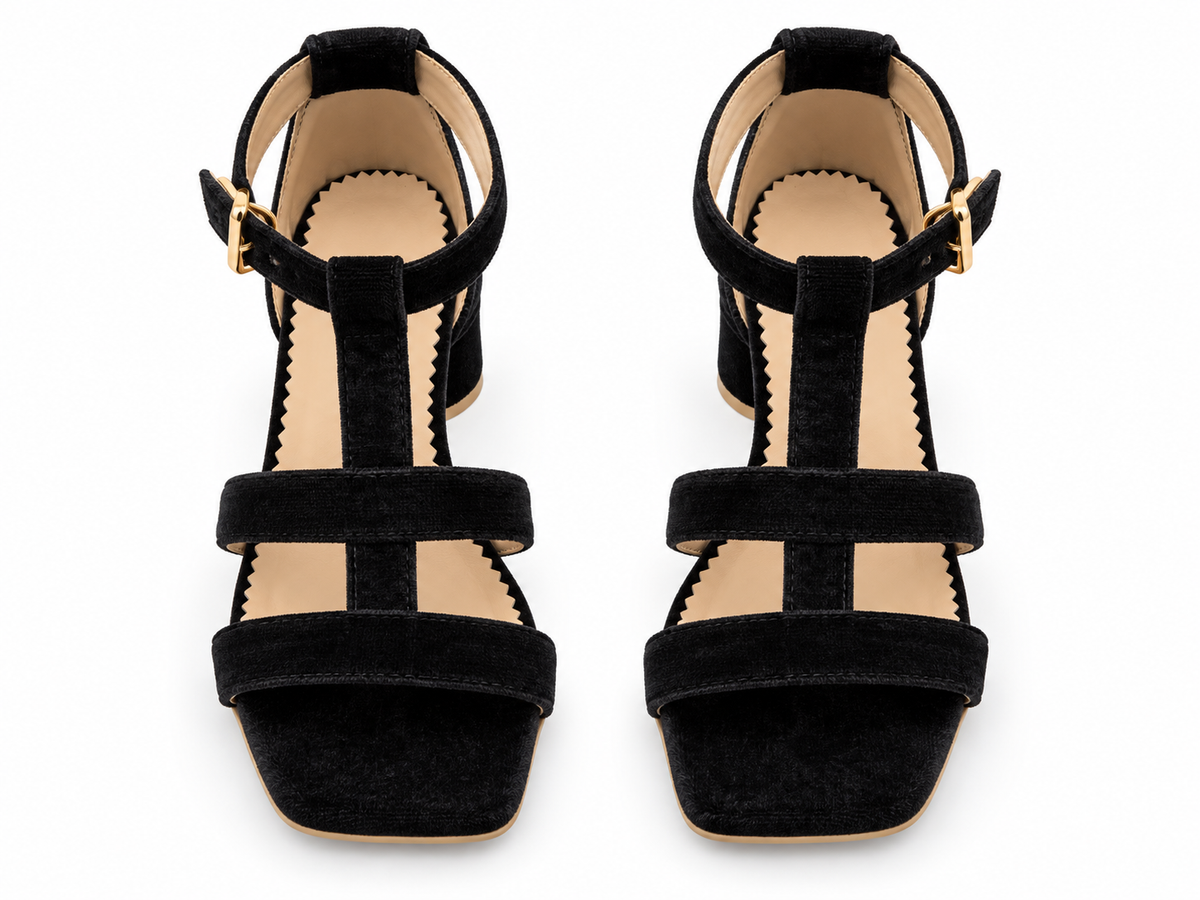 Women's Black Low Block Heel Sandals | T-Strap