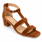 Women's Tan Brown Low Block Heel Sandals | T-Strap