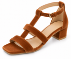 Women's Tan Brown Low Block Heel Sandals | T-Strap