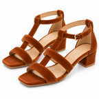 Women's Tan Brown Low Block Heel Sandals | T-Strap