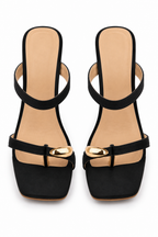 Black Block Heel Mule Sandals | Square Toe & Gold Detail