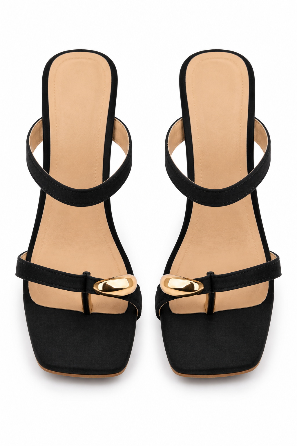 Black Block Heel Mule Sandals | Square Toe & Gold Detail
