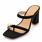 Black Block Heel Mule Sandals | Square Toe & Gold Detail
