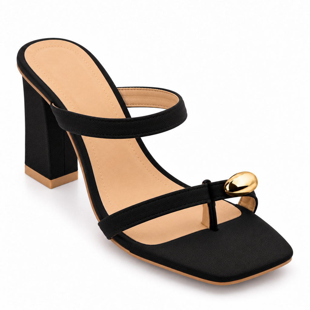 Black Block Heel Mule Sandals | Square Toe & Gold Detail