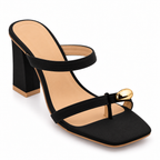 Black Block Heel Mule Sandals | Square Toe & Gold Detail